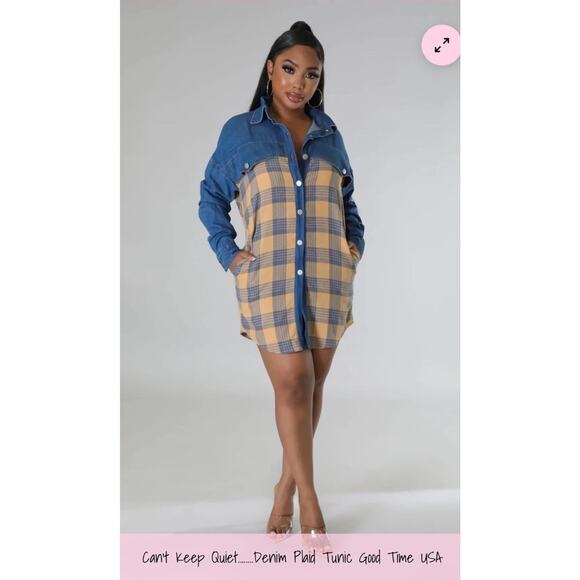 Denim Flannel Shirt Dress Plaid Long Sleeve Button Tunic Cotton Plus Sz 2XL - Picture 11 of 12